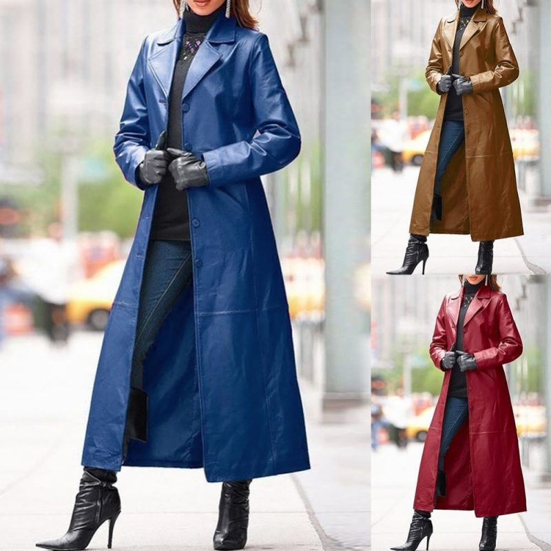2020 Women Autumn Winter Solid Color Faux Leather Long Slim Wind Coat Windbreaker Women's Clothing женская куртка femme veste - Image 2