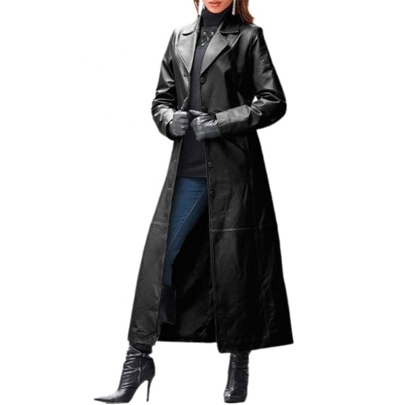 2020 Women Autumn Winter Solid Color Faux Leather Long Slim Wind Coat Windbreaker Women's Clothing женская куртка femme veste - Image 3