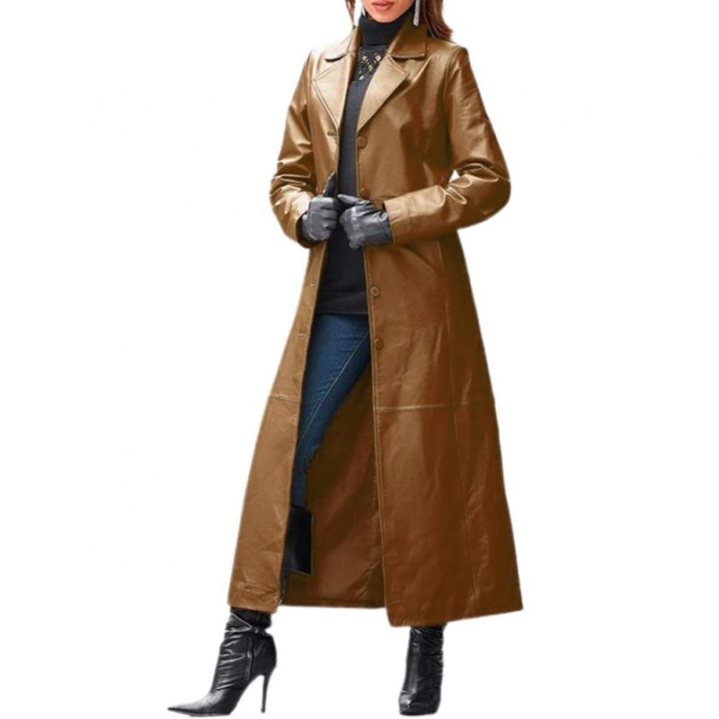2020 Women Autumn Winter Solid Color Faux Leather Long Slim Wind Coat Windbreaker Women's Clothing женская куртка femme veste - Image 5