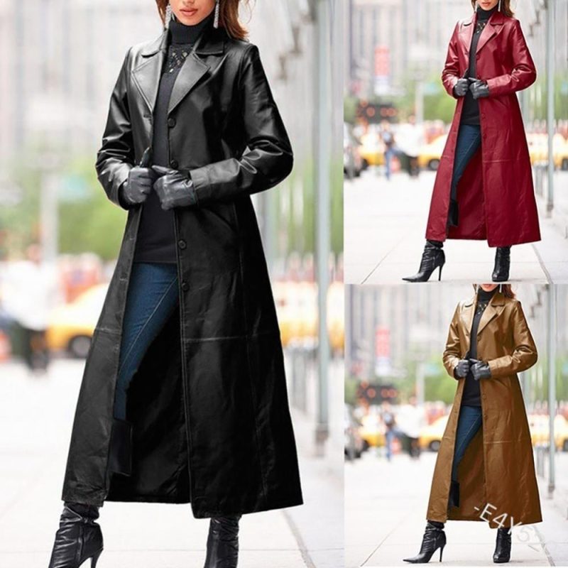 2020 Women Autumn Winter Solid Color Faux Leather Long Slim Wind Coat Windbreaker Women's Clothing женская куртка femme veste - Image 6