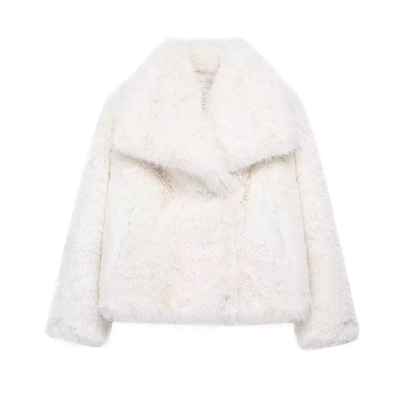 TRAF 2024 Woman Autumn Winter Faux Fur Coat Plush Fluffy Women's Jacket New in Outerwears White Red Gray Black Wool Blends Coats - Image 7