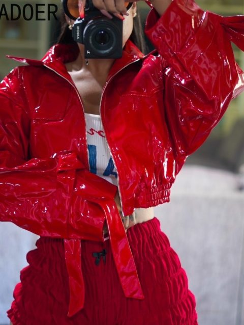 FAGADOER Punk Gothic Red Leather Jacket Women Fashion Zip Patchwork Crop Jacket Hot Girl Y2k Streetwear Autumn Clothing New