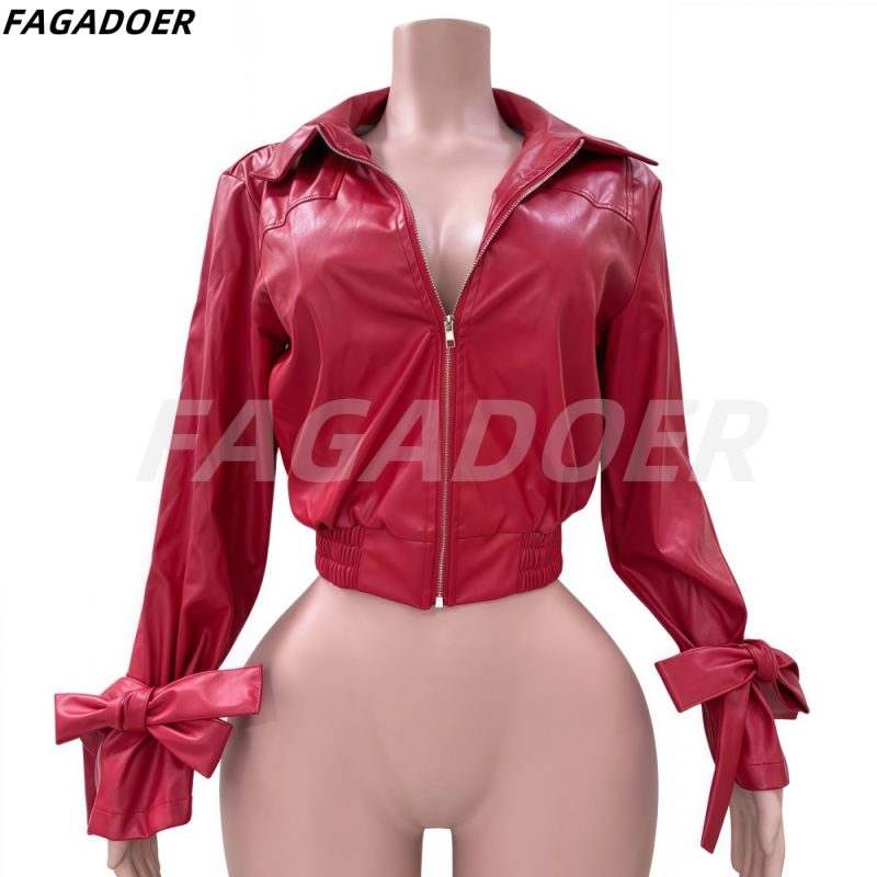 FAGADOER Punk Gothic Red Leather Jacket Women Fashion Zip Patchwork Crop Jacket Hot Girl Y2k Streetwear Autumn Clothing New - Image 4