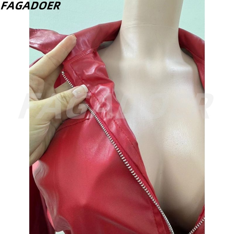 FAGADOER Punk Gothic Red Leather Jacket Women Fashion Zip Patchwork Crop Jacket Hot Girl Y2k Streetwear Autumn Clothing New - Image 5