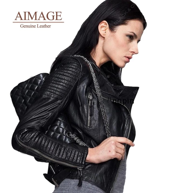 Spring Genuine Leather Jacket For Women Stand Collar Real Sheepskin Coats Striped Motorcycle Biker Overcoats пальто женско PY004 - Image 2