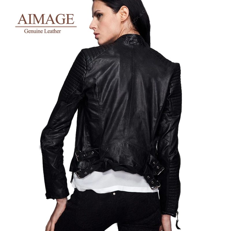 Spring Genuine Leather Jacket For Women Stand Collar Real Sheepskin Coats Striped Motorcycle Biker Overcoats пальто женско PY004 - Image 3