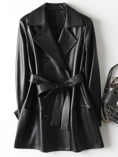 Julypalette 2025 New Real Leather Mid Length Trench Coat Chic Women Double Breasted Lace Up Sashes Lambskin Blazer Jackets
