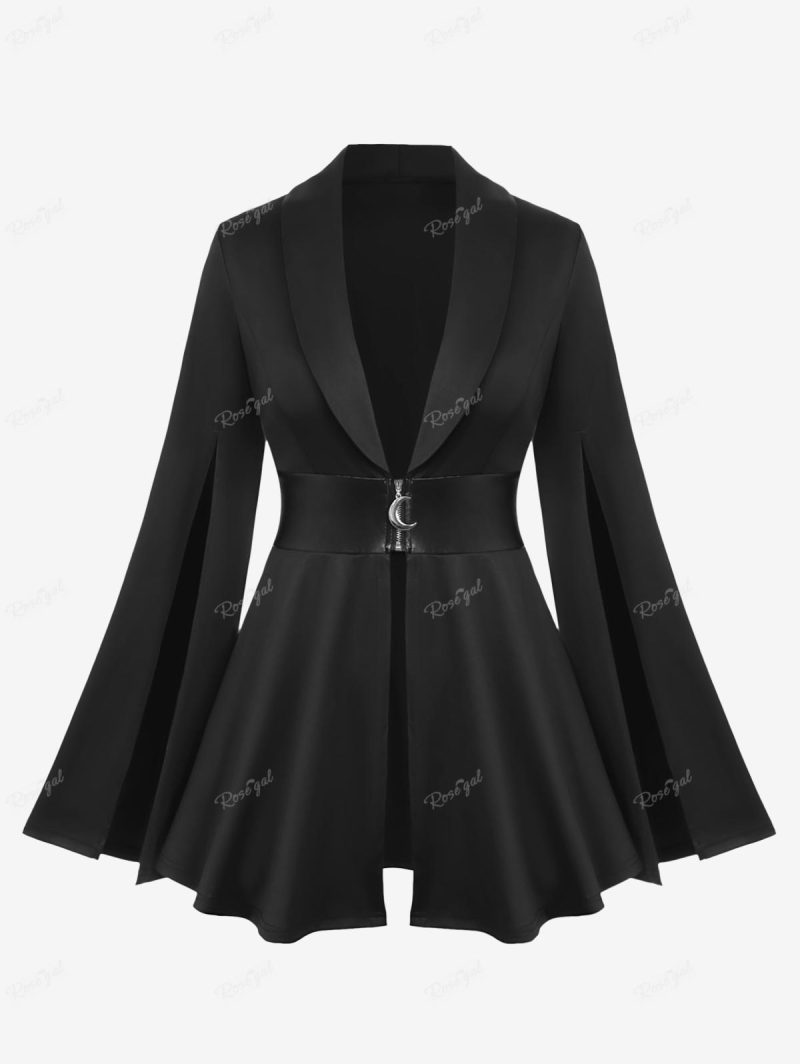 Gothic Lapel Collar Split Flutter Sleeves PU Panel Zipper Belted Ruched Coat