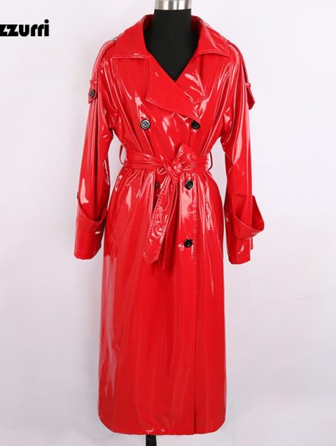 Nerazzurri Autumn Long Red Waterproof Shiny Reflective Patent Leather Trench Coat for Women Double Breasted Plus Size Fashion