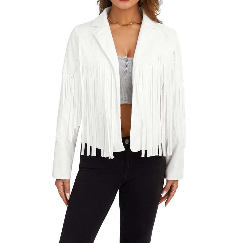 Women Spring Autumn Slim Long Sleeve Open Front Coat Solid Color Collared Jacket with Tassels Black/ Coffee/ Pink - Image 7