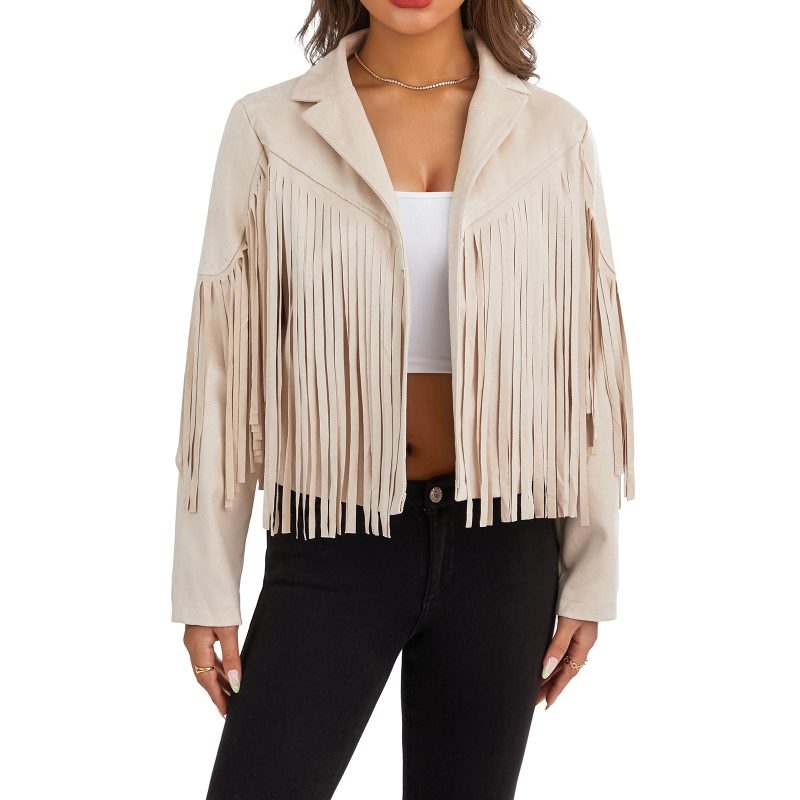 Women Spring Autumn Slim Long Sleeve Open Front Coat Solid Color Collared Jacket with Tassels Black/ Coffee/ Pink - Image 8