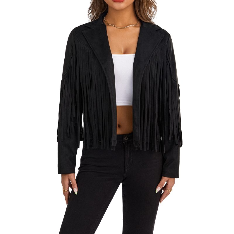 Women Spring Autumn Slim Long Sleeve Open Front Coat Solid Color Collared Jacket with Tassels Black/ Coffee/ Pink - Image 9