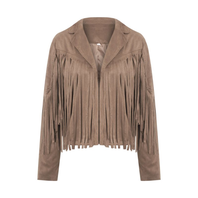 Women Spring Autumn Slim Long Sleeve Open Front Coat Solid Color Collared Jacket with Tassels Black/ Coffee/ Pink - Image 10