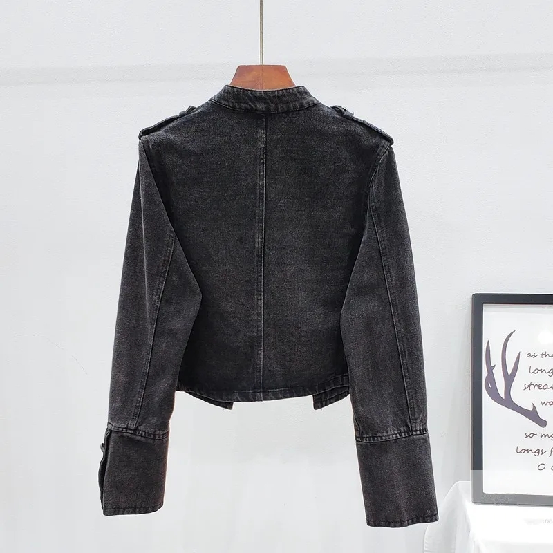 Korean Women Vintage Stand Collar Black Denim Jackets Double-breasted Slim Short Jeans Jacket Coat Female Outerwear Streetwear - Image 2