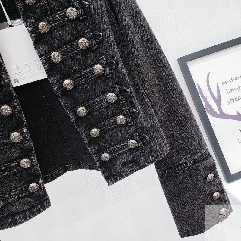 Korean Women Vintage Stand Collar Black Denim Jackets Double-breasted Slim Short Jeans Jacket Coat Female Outerwear Streetwear - Image 6