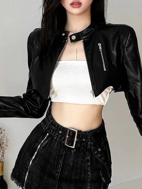 New Women's Sexy Black Short Pu Leather Jacket Classic Korean Fashion Y2k Zipper Leather Coat Female High Street Casual Outwear