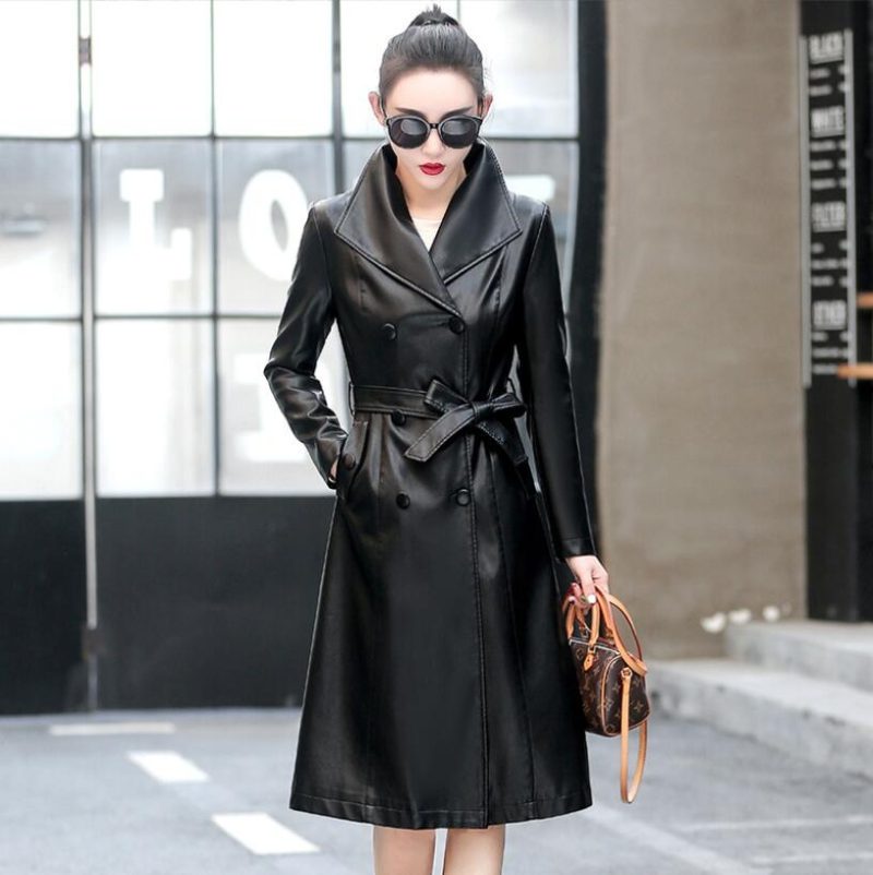 Genuine Leather Women Sheepskin Coat Spring Autumn Fashion Double Breasted Long Jacket Sheep Leather Overcoat Suede Outerwear