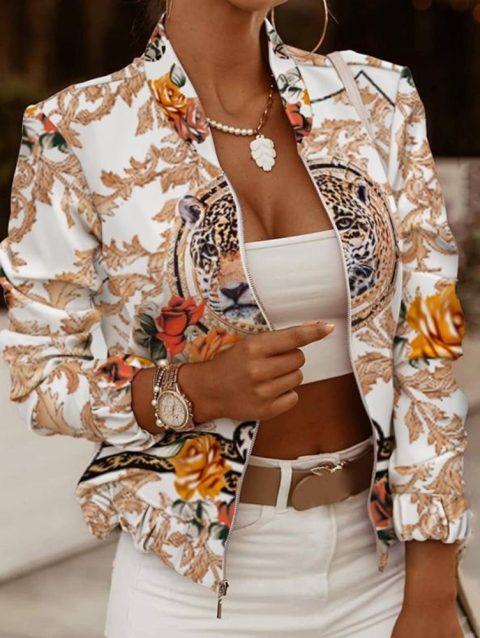 Women Autumn Retro Floral Print Jackets Spring Summer Long Sleeve Zipper Print Jacket Casual Pocket Slim Female Bomber Outwears