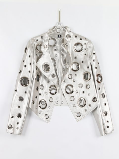 Nerazzurri Spring Autumn Short Hollow Out Pu Leather Jacket Women Rivet Cool Stylish Luxury Designer Clothes Runway Fashion 2024