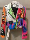 3xl women and men rivet beading pu leather jacket hit color streetstyle Graffiti outerwear letters printed leather jackets