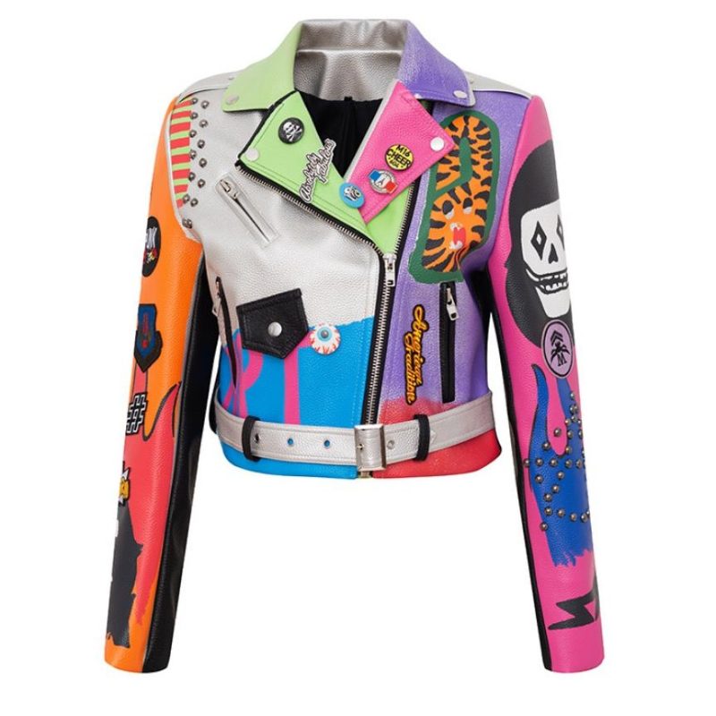 3xl women and men rivet beading pu leather jacket hit color streetstyle Graffiti outerwear letters printed leather jackets - Image 6