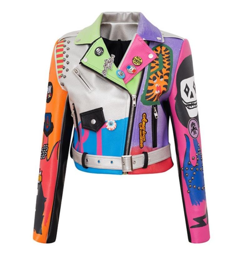 3xl women and men rivet beading pu leather jacket hit color streetstyle Graffiti outerwear letters printed leather jackets - Image 7