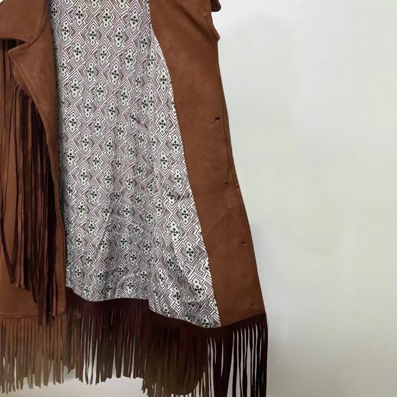 Casual Suede Leather Jacket Brown Lapel Pocket Fashion Woman Single Button Long Sleeve Tassel Coat Lady Spring Street Outwear - Image 5