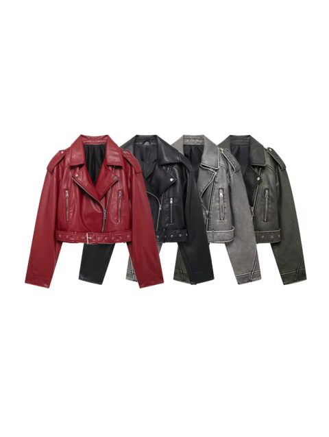 TRZA-Faux Leather Moto & Biker Jacket for Women, Long Sleeve Coat, Front Zipper, Female Outerwear, Chic Tops, Fashion