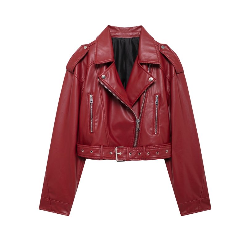 TRZA-Faux Leather Moto & Biker Jacket for Women, Long Sleeve Coat, Front Zipper, Female Outerwear, Chic Tops, Fashion - Image 7