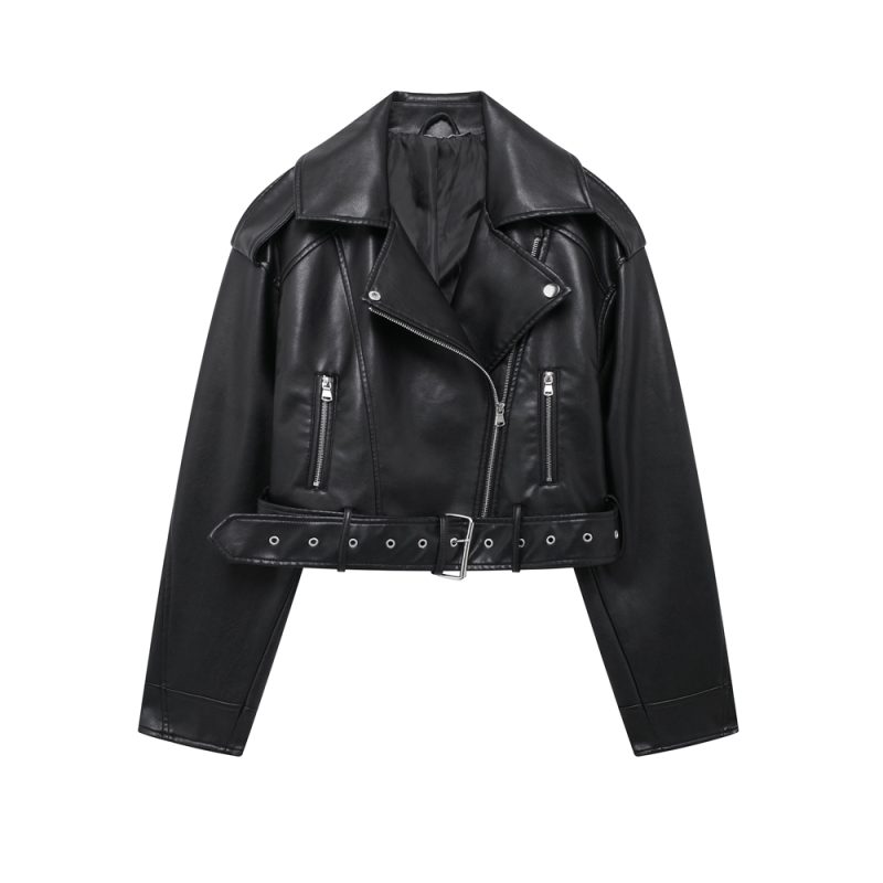 TRZA-Faux Leather Moto & Biker Jacket for Women, Long Sleeve Coat, Front Zipper, Female Outerwear, Chic Tops, Fashion - Image 8