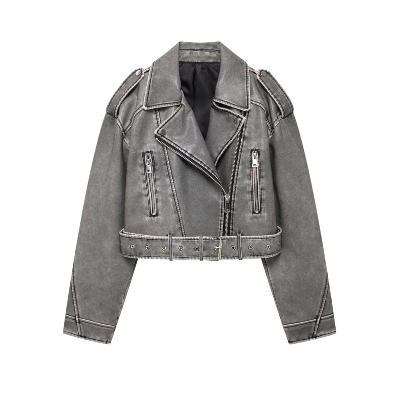 TRZA-Faux Leather Moto & Biker Jacket for Women, Long Sleeve Coat, Front Zipper, Female Outerwear, Chic Tops, Fashion - Image 9