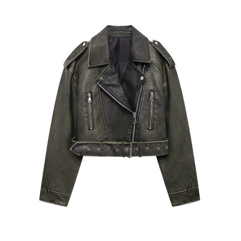 TRZA-Faux Leather Moto & Biker Jacket for Women, Long Sleeve Coat, Front Zipper, Female Outerwear, Chic Tops, Fashion - Image 10