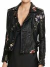 2025 Autumn Winter Floral Print Embroidery Faux Leather Jackets Women High Street Moto Rivet Black Punk Outerwear Biker Coats