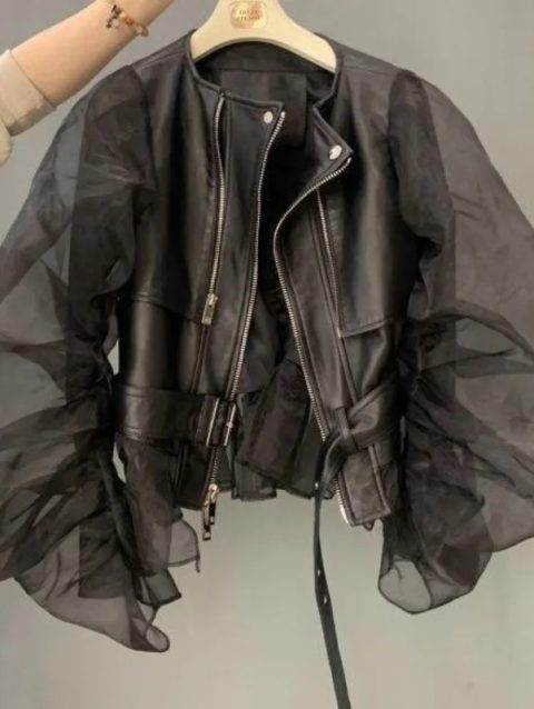 Short Coat Women Organza Bubble Sleeved Ruffled Fashion Leather Jacket Streetwear Retro Y2k Black Faux Autumn