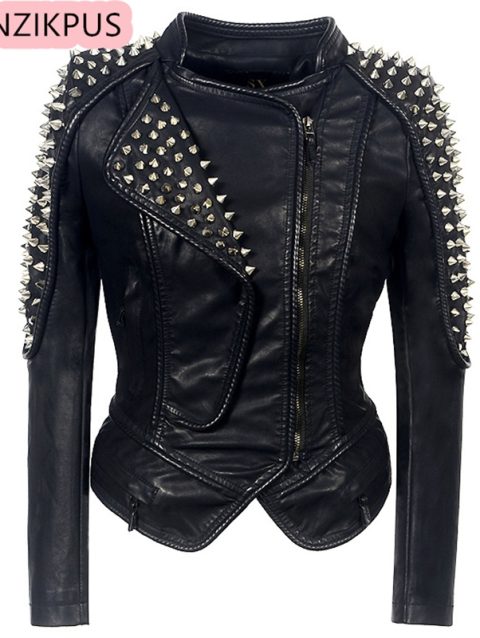 Steampunk Rock Rivet Women's Leather Jacket Slim Short Streetwear Gothic Embroidery Pu Leather Locomotive Coat Femme