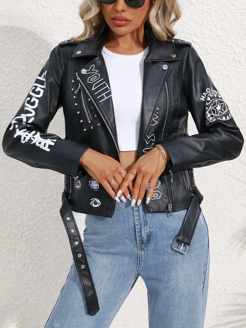 Fitaylor Women Faux PU Leather Jacket Casual Lady Lapel Zipper Graffiti Print Leather Coat Moto Bike Rivet Outwear - Image 3