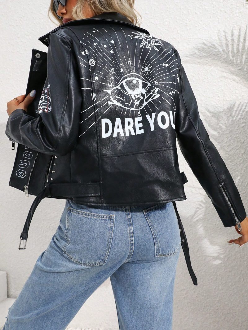 Fitaylor Women Faux PU Leather Jacket Casual Lady Lapel Zipper Graffiti Print Leather Coat Moto Bike Rivet Outwear - Image 6