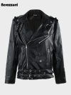 Nerazzurri Spring Autumn Short Windproof Black Pu Leather Moto Biker Jacket Women Two Belts Zipper Luxury Designer Clothes 2025
