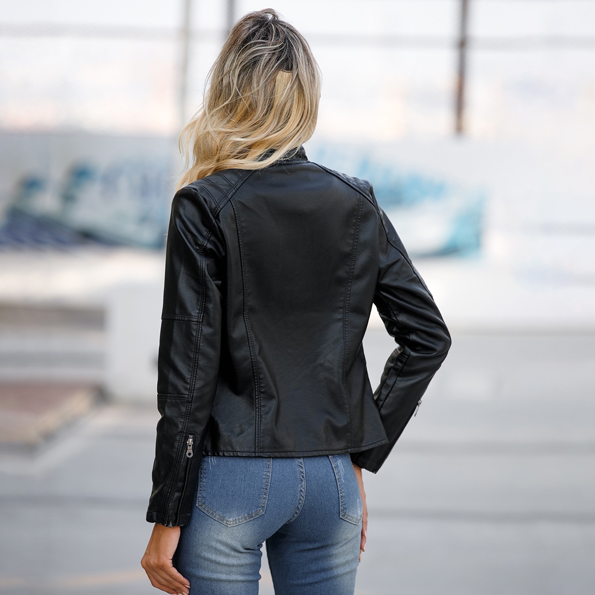 Women Leather Jacket 2025 Spring Autumn Black PU Leather Coat Stand-up Collar Motor Biker Jacket - Image 2