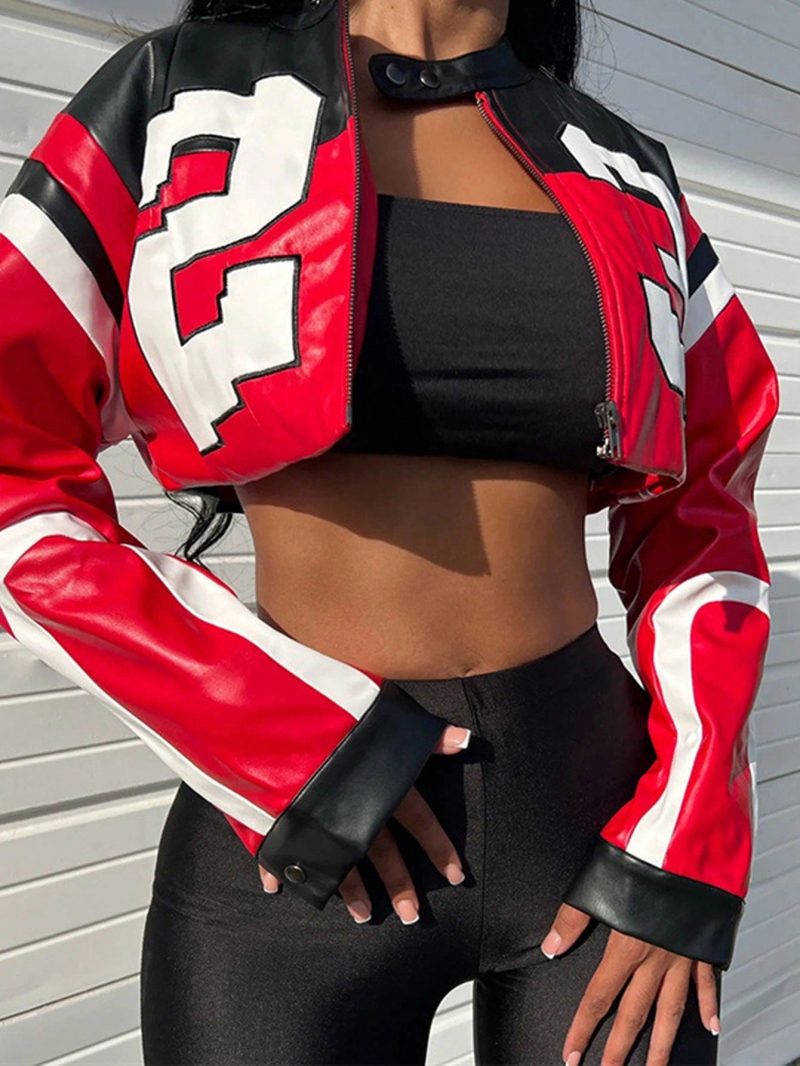 2025 Women's Faux Leather Jacket Short Red Coat Zipper Bomber Jacket Edgy Motorcycle Style Party Tops Casual Outfit Clubwea - Image 2