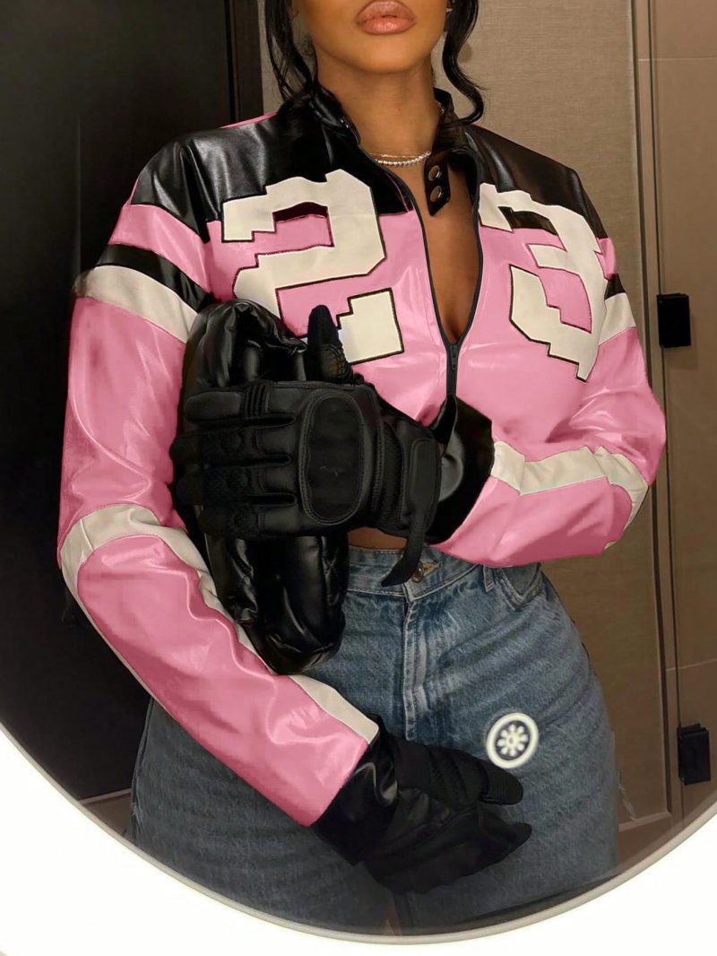 2025 Women's Faux Leather Jacket Short Red Coat Zipper Bomber Jacket Edgy Motorcycle Style Party Tops Casual Outfit Clubwea - Image 5