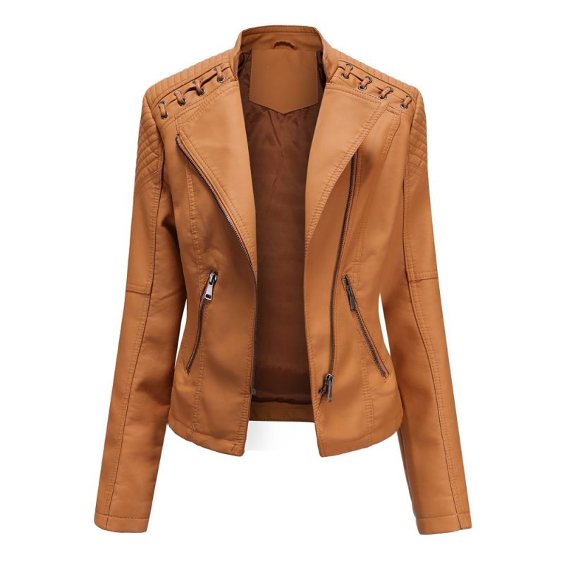 Brown Short Long Sleeve PU Coat Women Fashion Motorcycle Women Leather Jacket Spring and Autumn New Lady's Jaqueta - Image 5