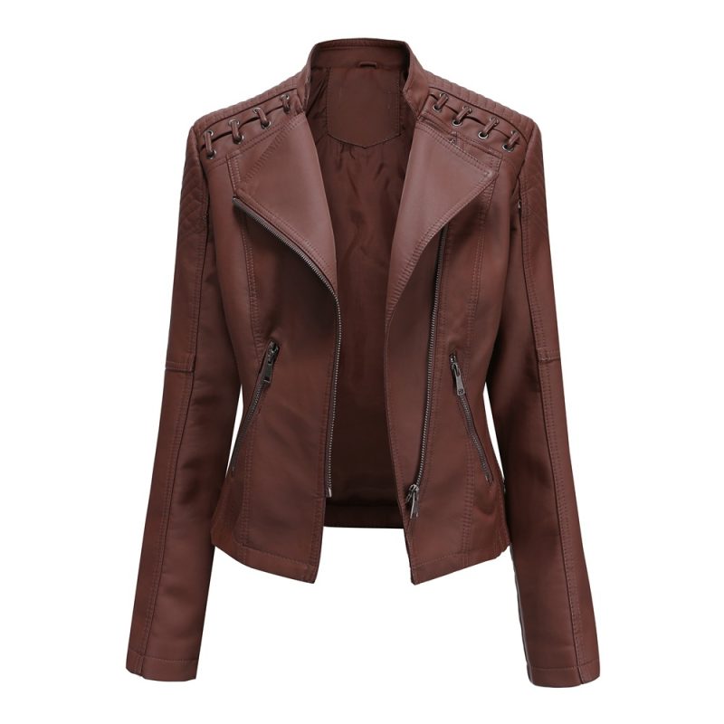 Brown Short Long Sleeve PU Coat Women Fashion Motorcycle Women Leather Jacket Spring and Autumn New Lady's Jaqueta - Image 7