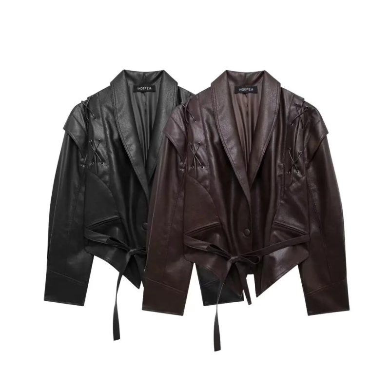 2024 Fashion Women Vintage Faux Leather Jacket V Neck Long Sleeve Warm Short Lace Up Coats Autumn Female High Street Outerwear - Image 6