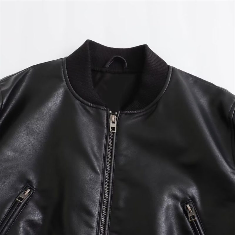 UNIZERA2023 Autumn and Winter New Women's Fashion Versatile Short Motorcycle Faux Leather Pilot Jacket Coat Leather Coat - Image 3