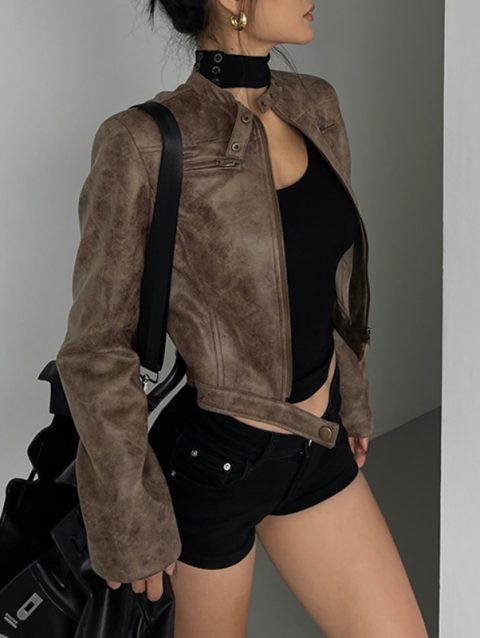 WOMENGAGA Stand Collar Jacket Leather Short Coat Women Autumn New Straight Tube Slim Short Motorcycle Jacket Korean Sweet D8FN