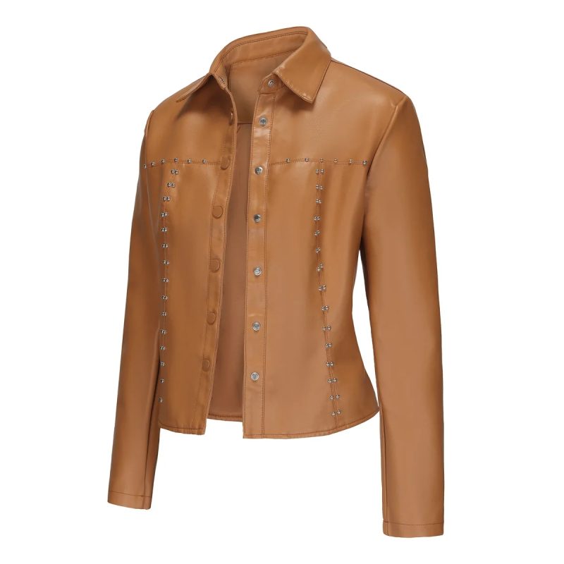 Black Women's PU Jacket, Single Breasted Long Sleeve Leather Jackets Women, Street Fashion Style Coat Tops, Red, Coffee, Beige - Image 9