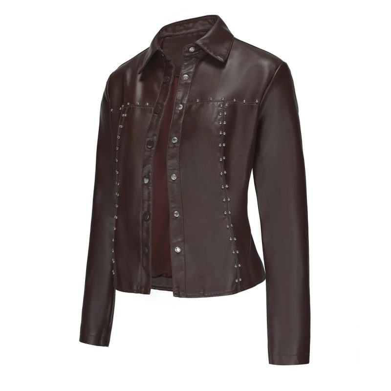 Black Women's PU Jacket, Single Breasted Long Sleeve Leather Jackets Women, Street Fashion Style Coat Tops, Red, Coffee, Beige - Image 10