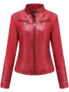 Bright Red V-neck Leather Jacket Women's, Fashion Slim PU Coat, Black Short Outerwear Asia Size XS S M L XL XXL