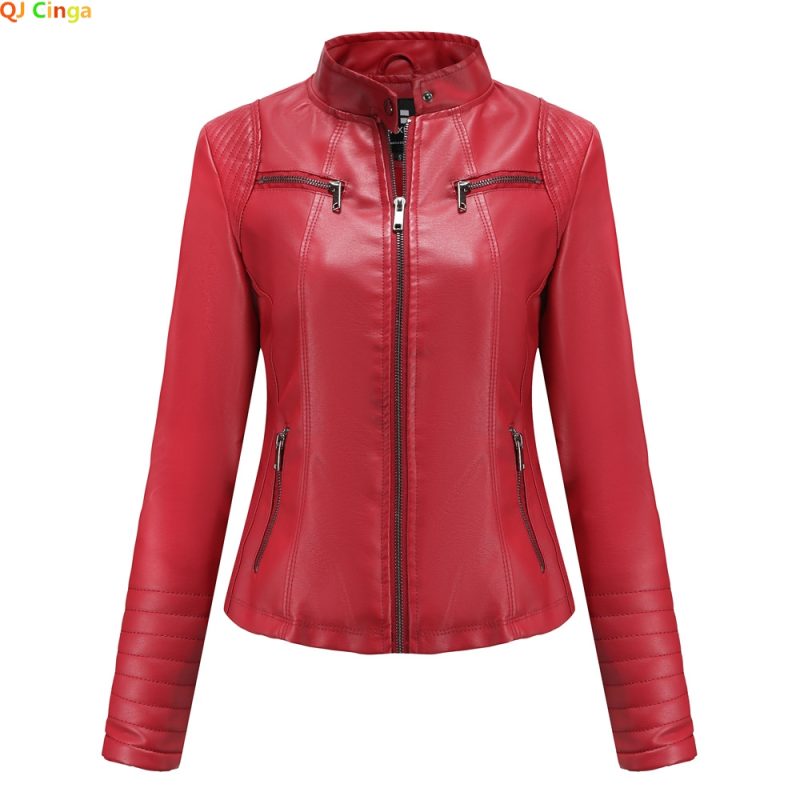 Bright Red V-neck Leather Jacket Women's, Fashion Slim PU Coat, Black Short Outerwear Asia Size XS S M L XL XXL